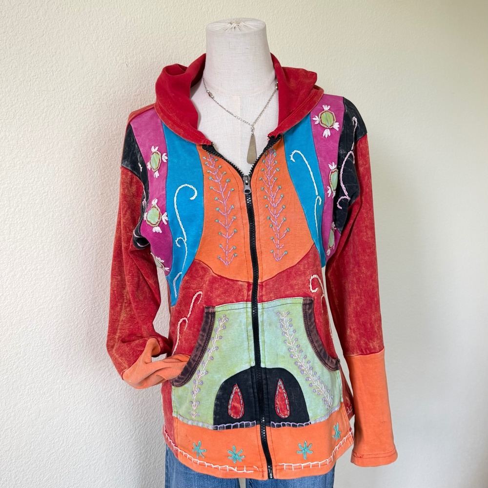 Lumbini Imports Womens Boho Patchwork Embroidered Full Zip Hoodie Jacket Multi